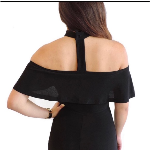 Black Off-Shoulder Jumpsuit with Front Slits - Picture 3 of 9